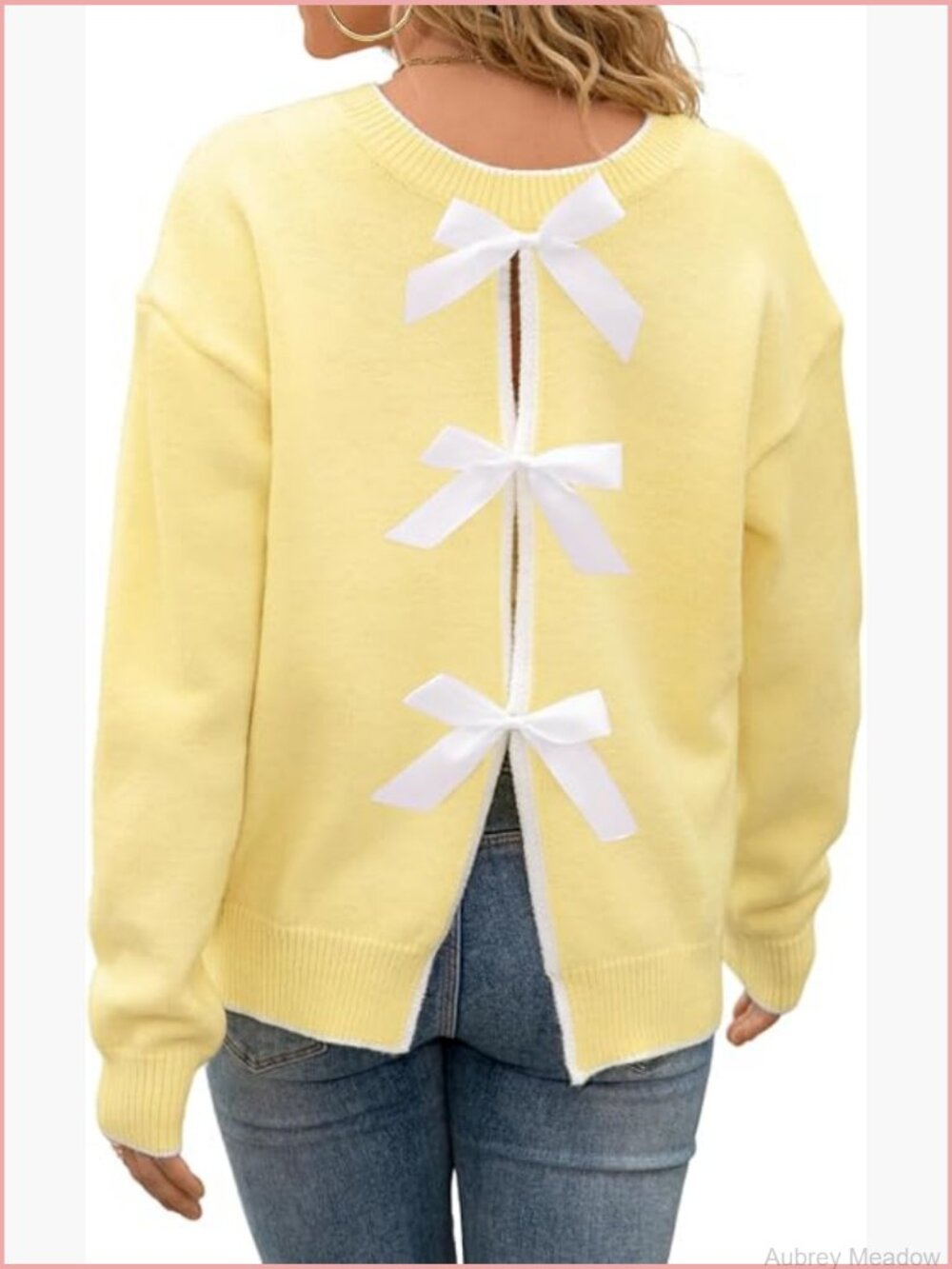 Open Back Bow Sweater, Oversized Crew Neck Pullover, Cute Holiday Top